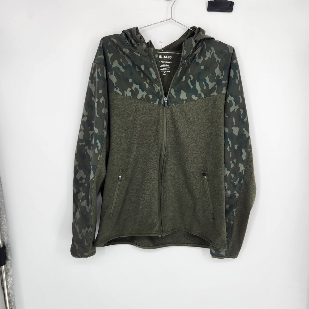 01.Algo Performance Mens Camo Full Zip Hoodie Olive Green UPF 40 Large NWT